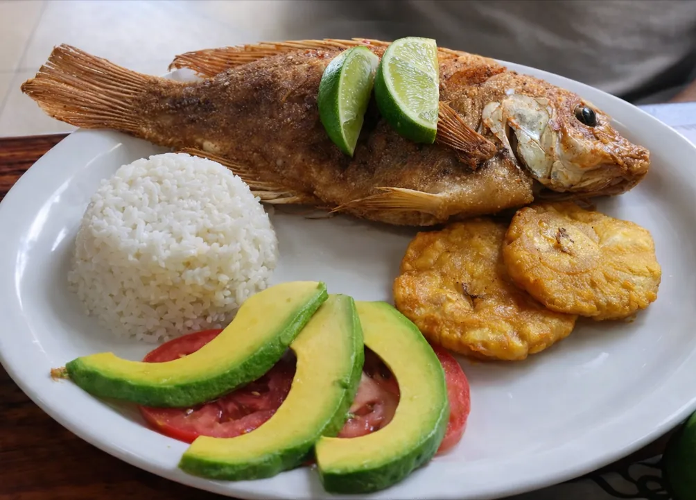 Almuerzo del día: mojarra frita con arroz blanco, patacón, aguacate y tomate